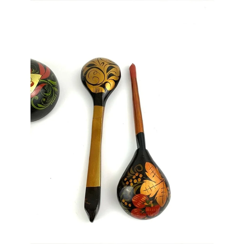 Set of 4 Vintage Khokhloma Painted Wooden Spoons Ladles Decorative Kitchenware